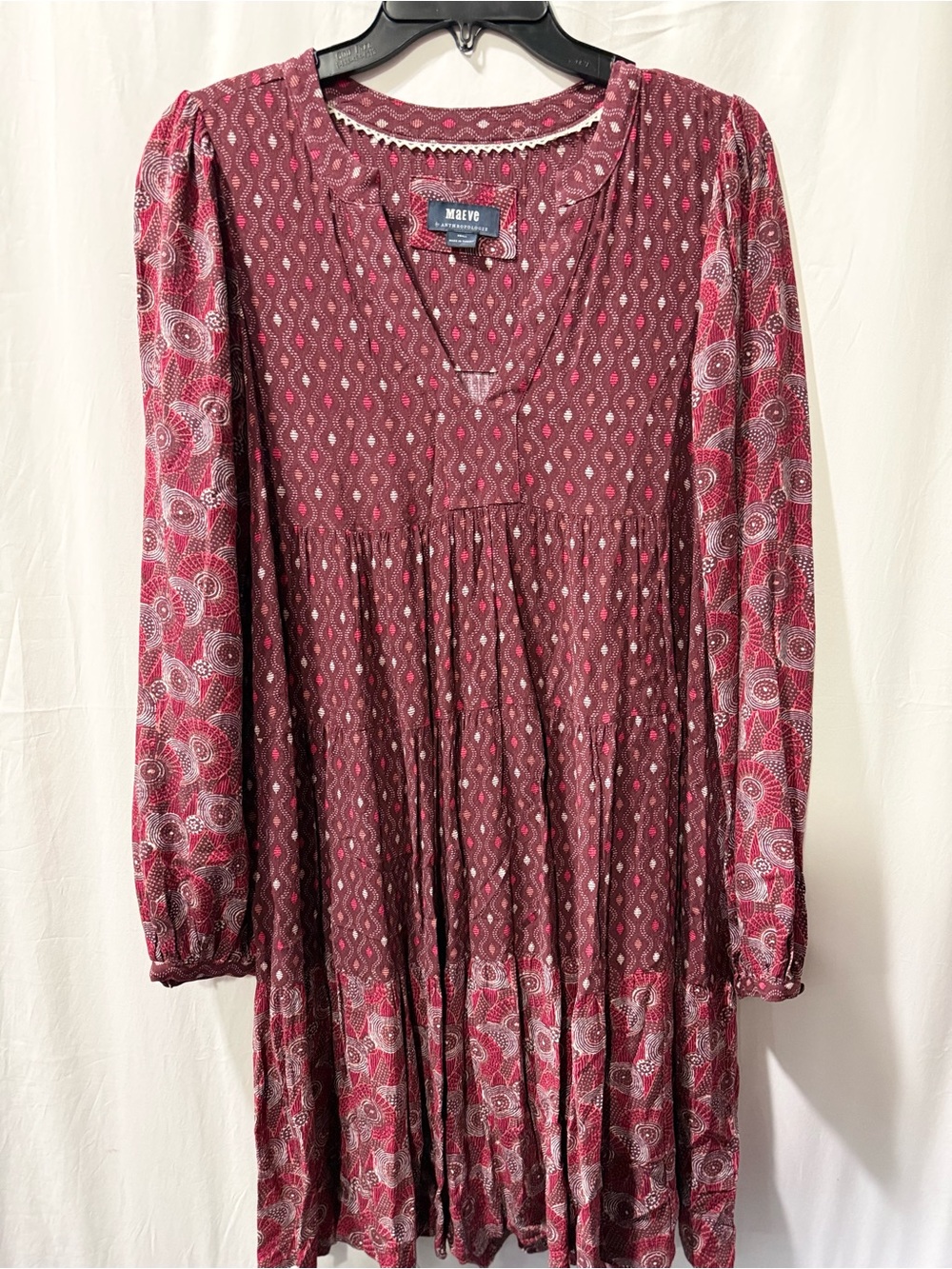 Anthropologie Burgundy Printed Long-Sleeve Tiered Dress
